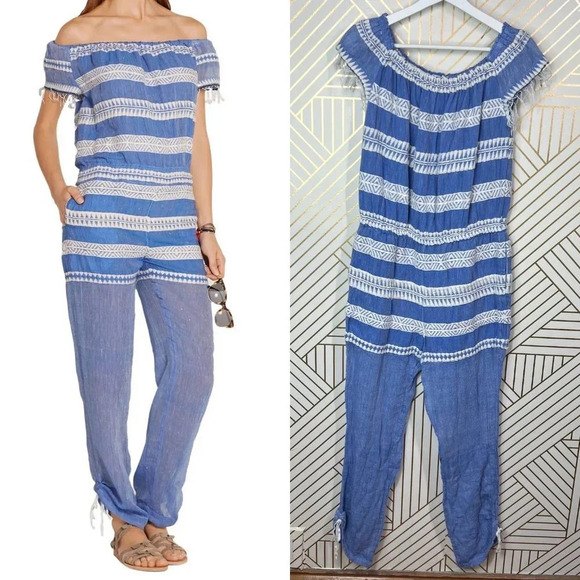 Lemlem Freya Off The Shoulder Embroidered Gauze Jumpsuit Blue Size US Medium